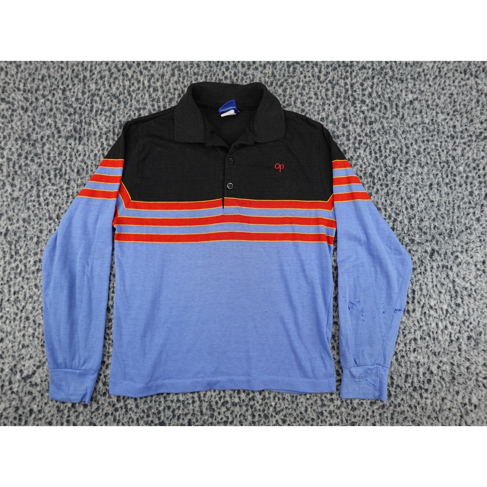 Ocean Pacific Polo Shirt Mens Small Blue Black Vintage 80s Striped Long Sleeve